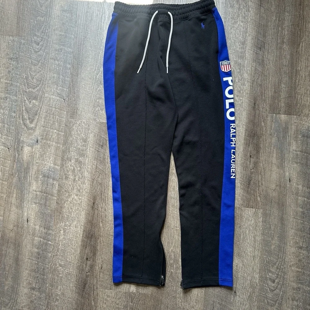 Polo Ralph Lauren 1967 Black Blue Track Racing Jogger‎ Sweatpants Men's Size M